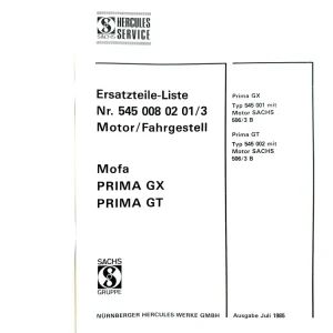 Ersatzteile Liste für Hercules Prima GT GX Typ 545 Ersatzteilkatalog Sachs 506 Angebot