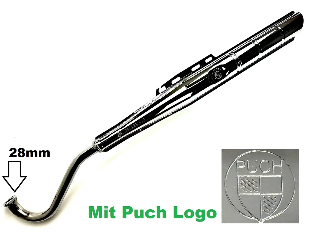 45km/h Version mit PUCH Logo Auspuff Puch Maxi S N 28mm E50 original Look chrom Preis Gesenkt